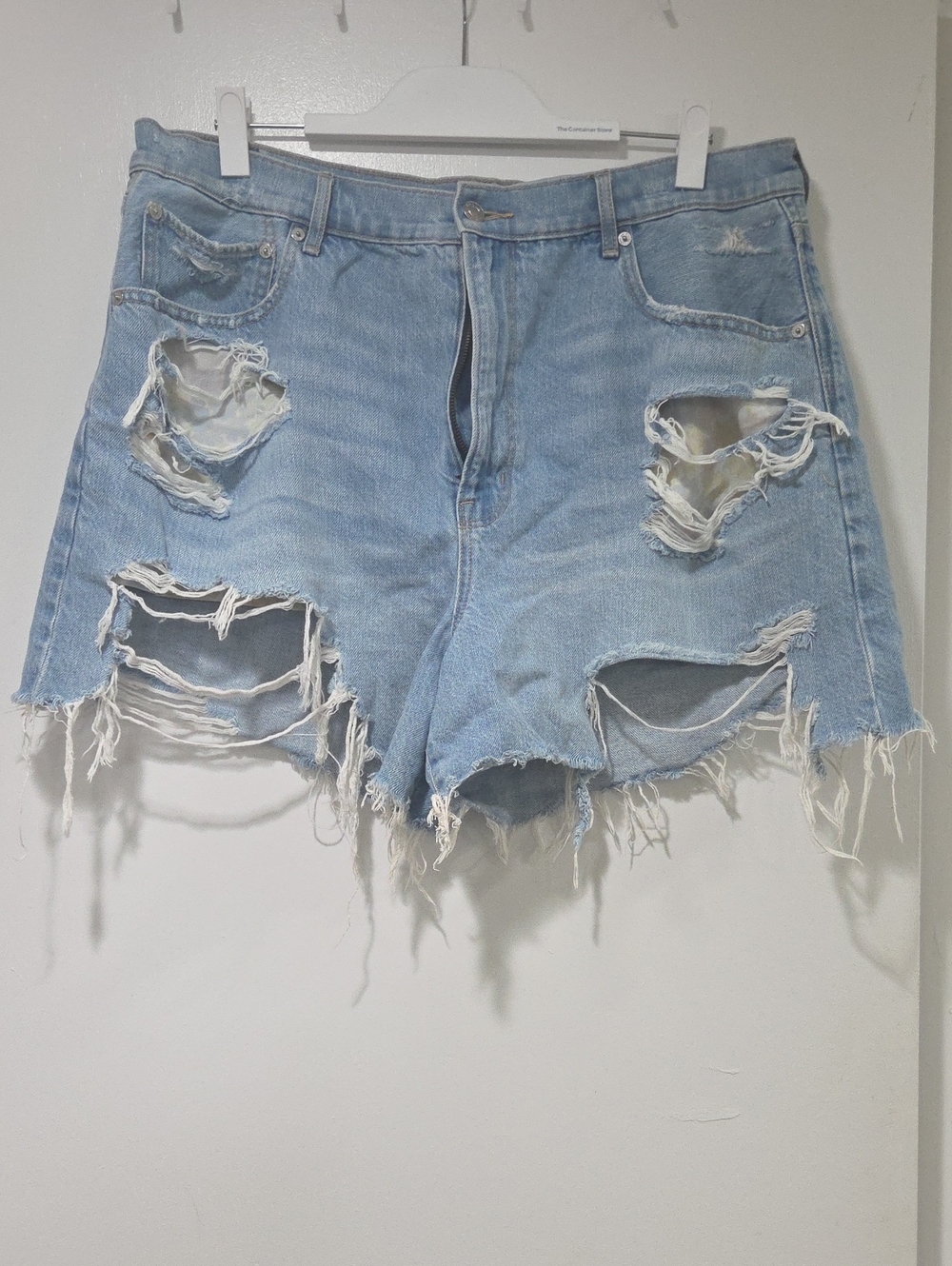 Light Blue Distressed High-Rise Denim Distresses Shorts